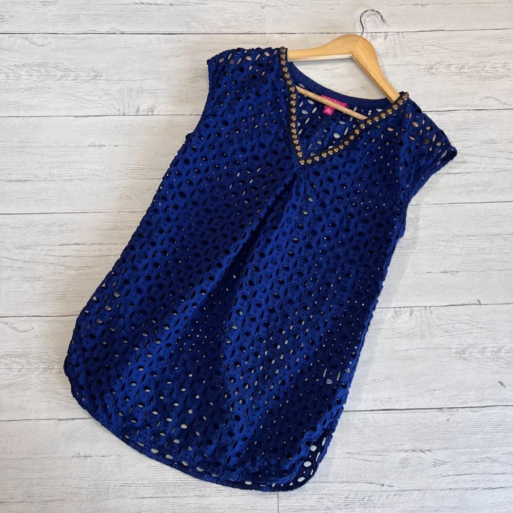 Lilly Pulitzer for Target Top SZ S/P Navy Eyelet Coverup with Gold Stud Collar